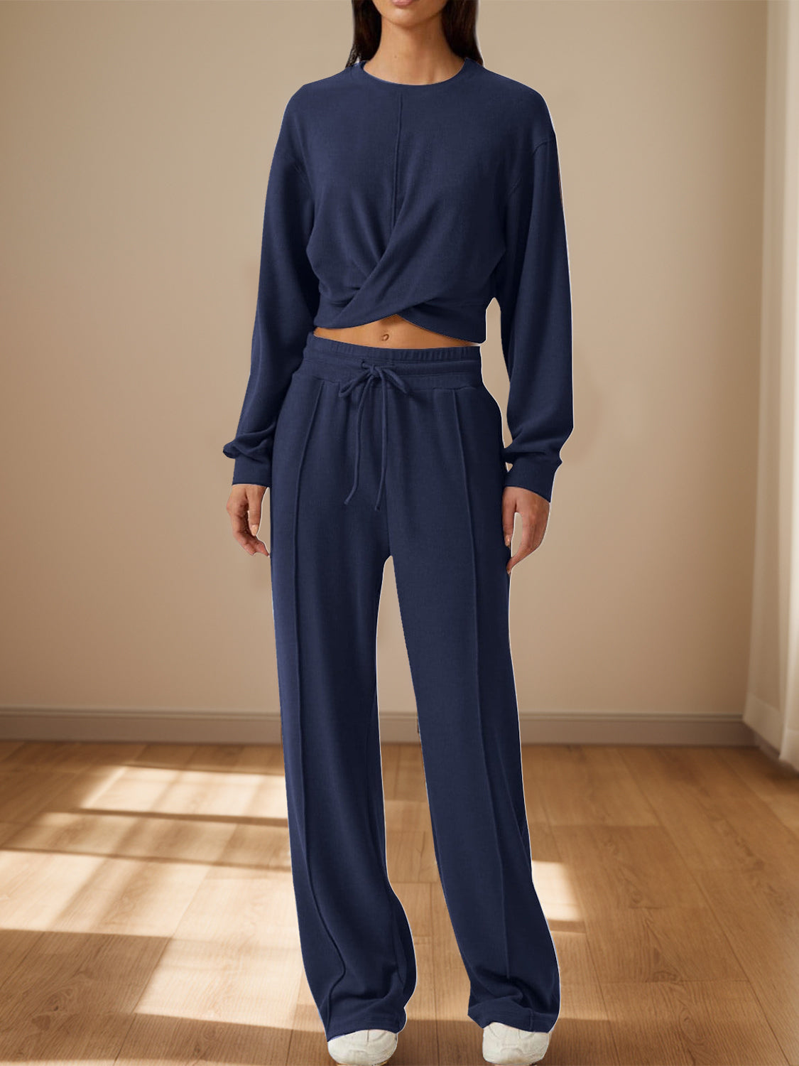 Trendy Crisscross Neck Top and Adjustable Waist Pants Set