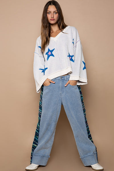 Starry V-Neck Color-Blocked Sweater for Effortless Style