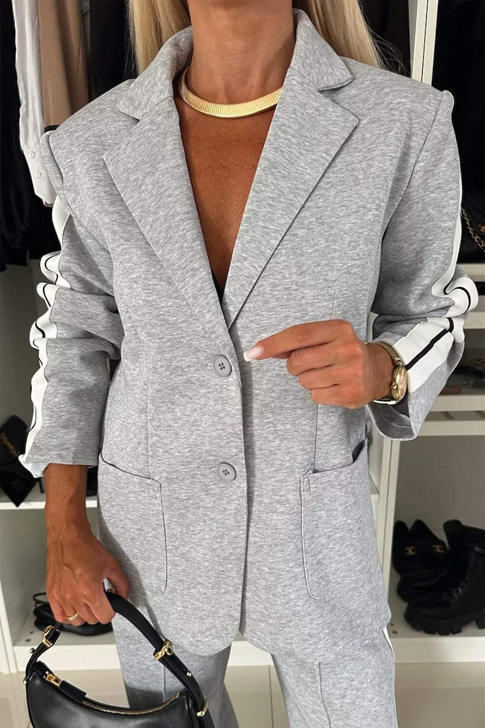 Full Size Contrast Lapel Collar Top and Pants Set for Women