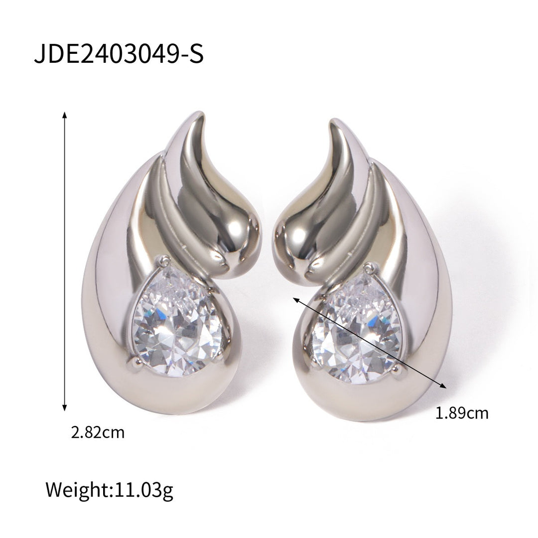 18k gold stainless steel white diamond earrings with double layered droplet shaped diamond inlaid earrings