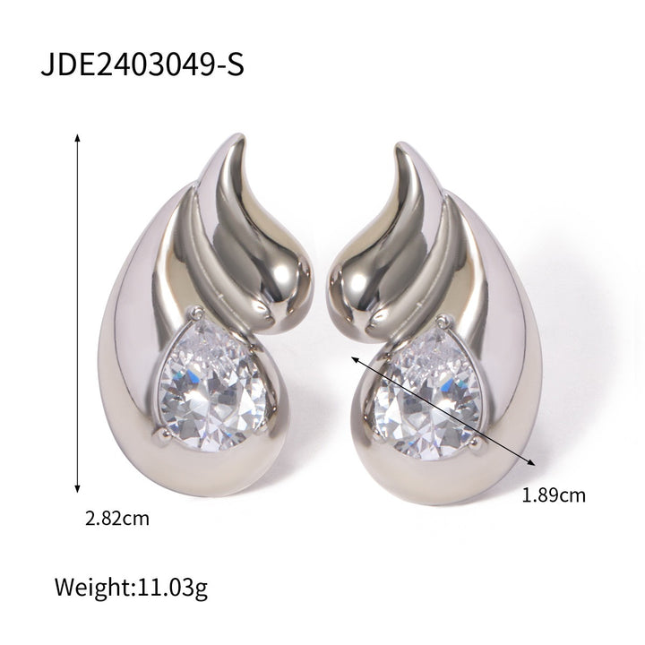 18k gold stainless steel white diamond earrings with double layered droplet shaped diamond inlaid earrings