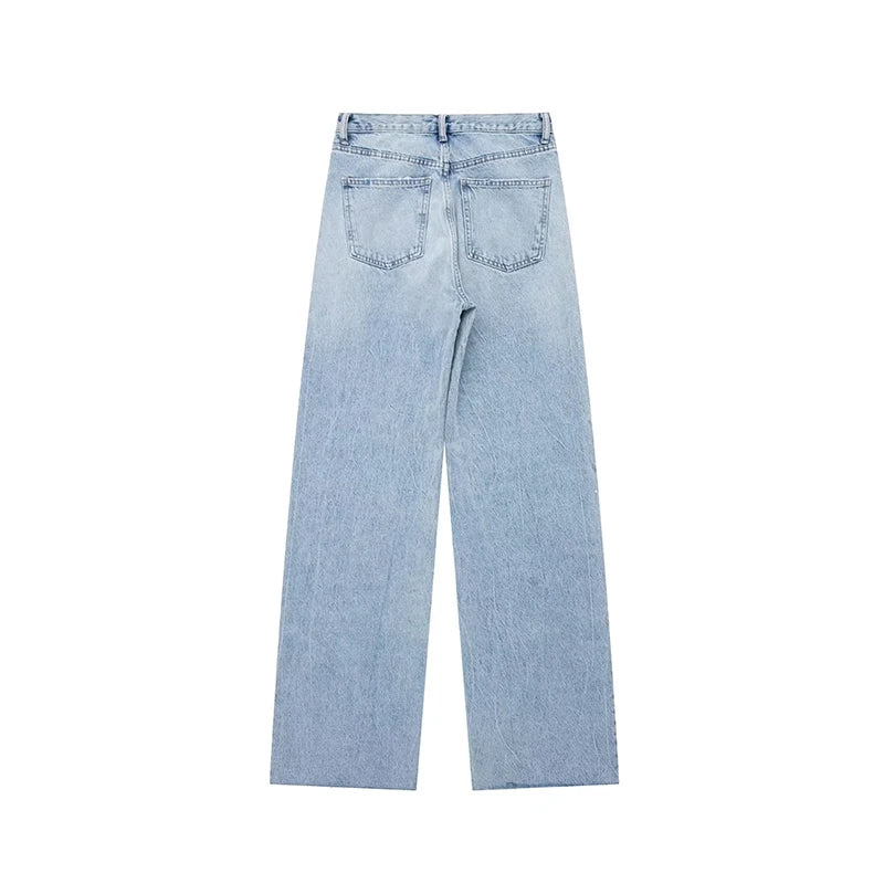Trendy Women's High-Waisted Wide Leg Denim Jeans Distressed