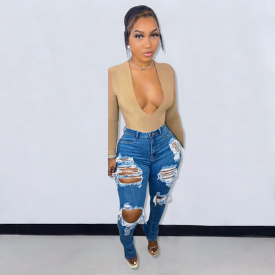 Trendy Women's Ripped Elastic Slit Skinny Jeans Spring Style