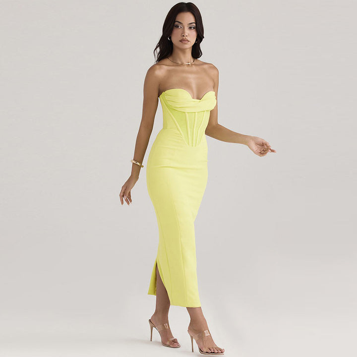 Strapless Sleek Fishbone Back Dress with Sensual Slit