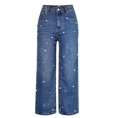 Women's High-Waisted Wide-Leg Flared Jeans With Pearl Details