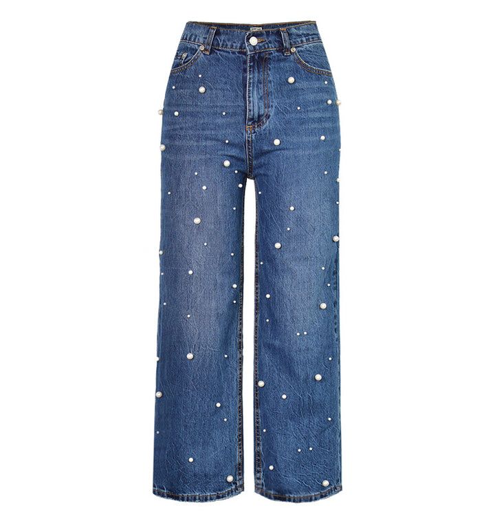 Women's High-Waisted Wide-Leg Flared Jeans with Pearl Studded Details