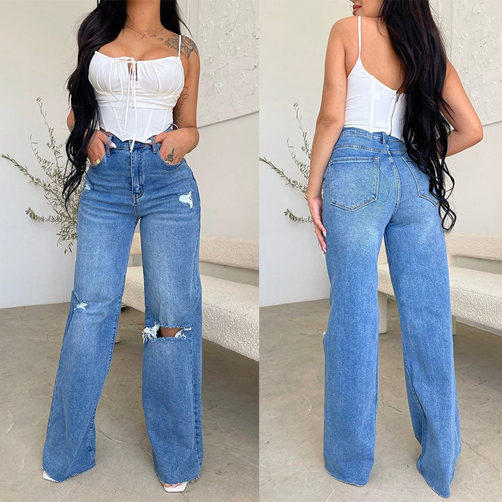 Casual High Waist Wide Leg Denim Jeans for Women - Ripped Plus Size Mom Trousers