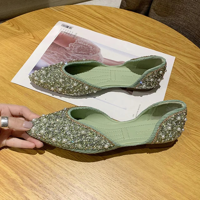 Sparkling Green Pointed Toe Flats with Rhinestones and Crystals - Women's Summer Pearl Footwear