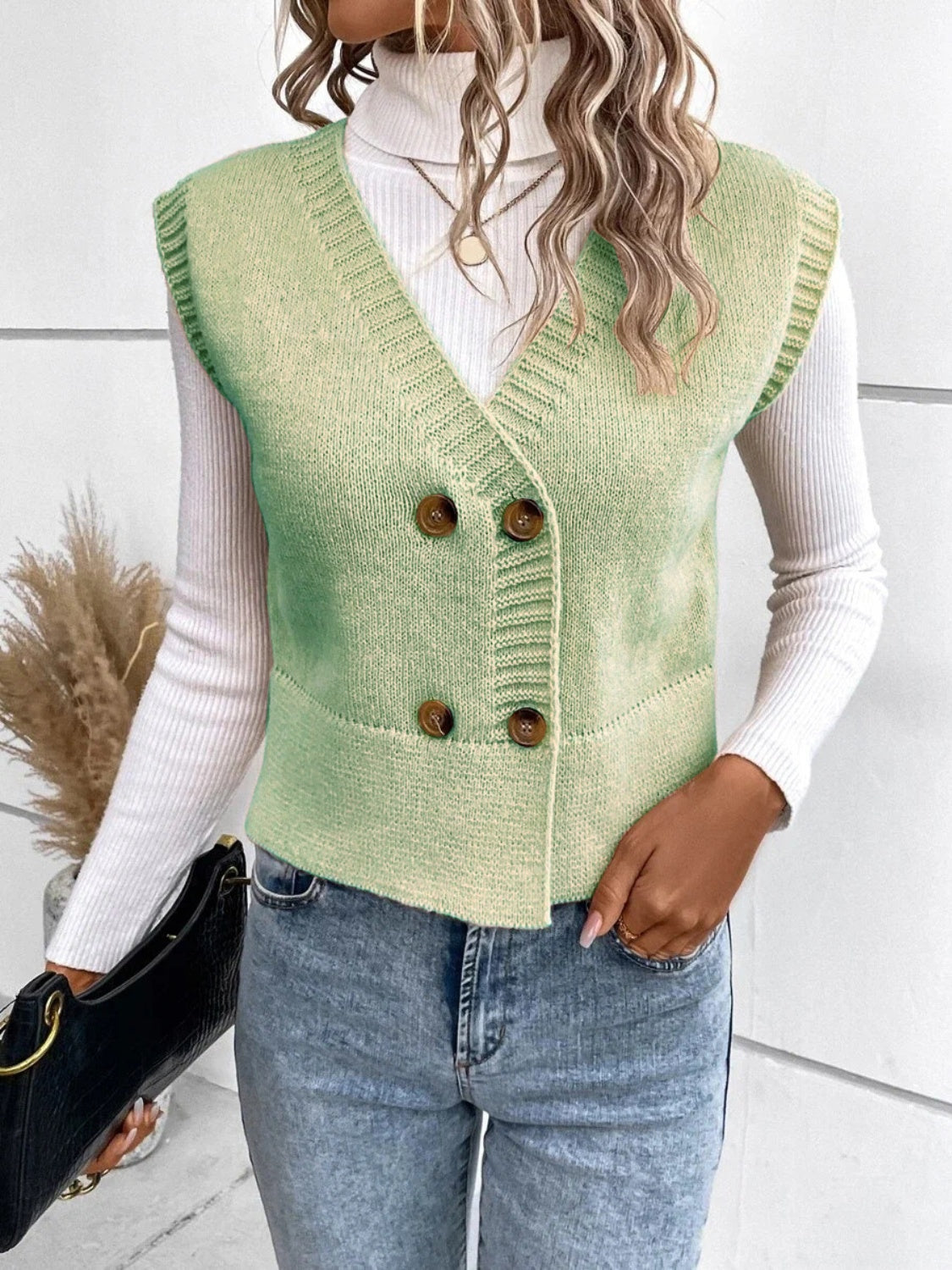 Full Size Button Up V-Neck Sweater Vest for Women