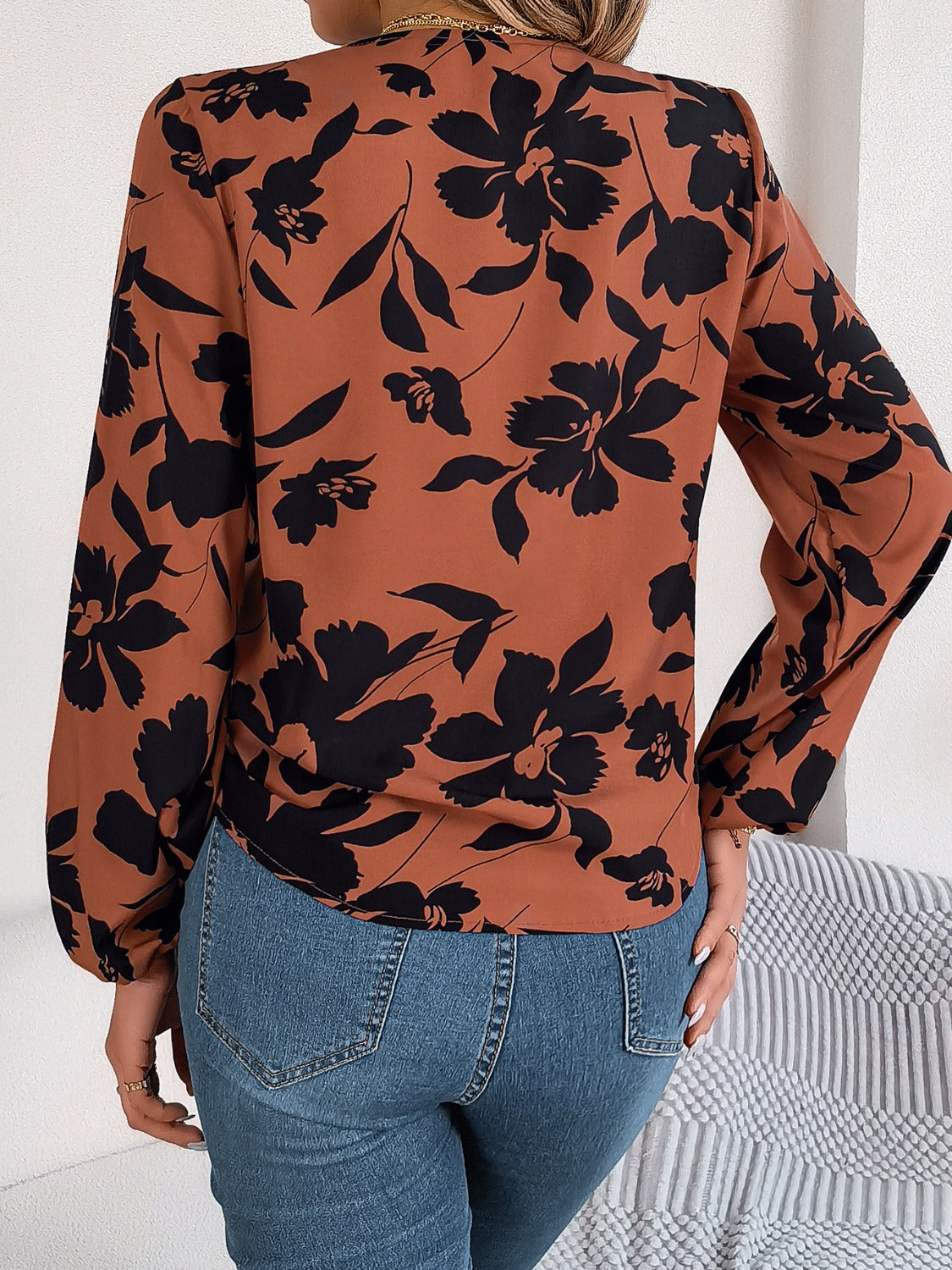 Elegant Printed Long Sleeve V-Neck Blouse for Women