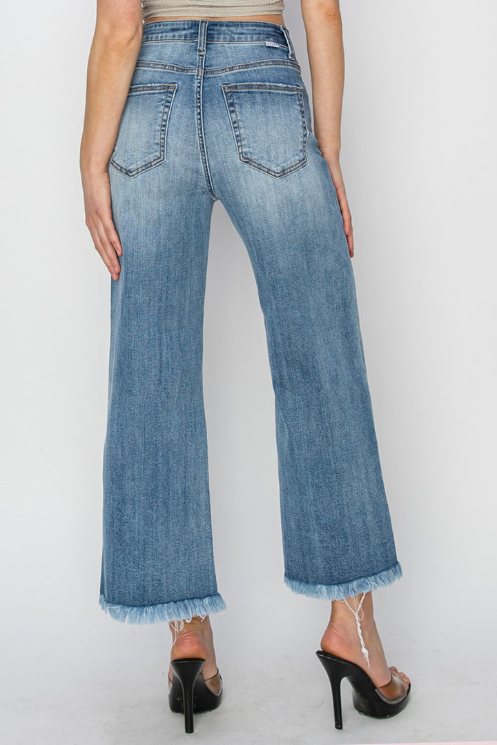 Chic High Rise Cropped Wide Leg Denim Jeans with Raw Hem