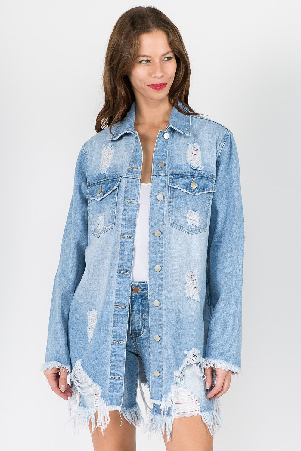 Vintage-Inspired Frayed Hem Denim Jacket by American Bazi