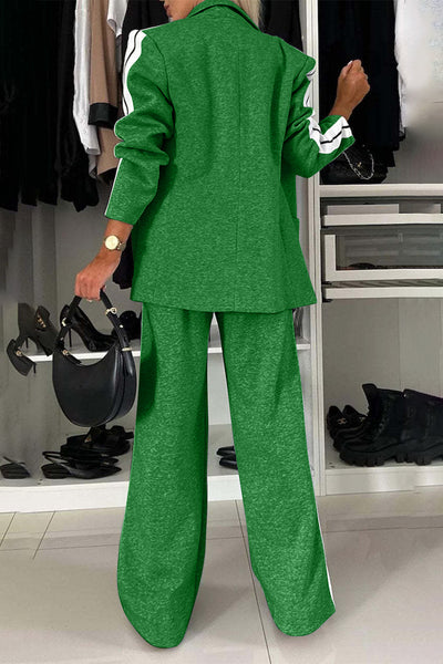 Full Size Contrast Lapel Collar Top and Pants Set for Women