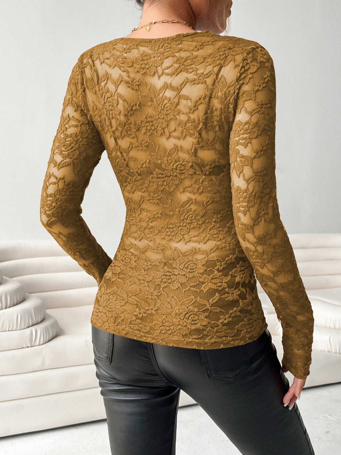 V-Neck Long Sleeve Lace Top for Women in Elegant Style