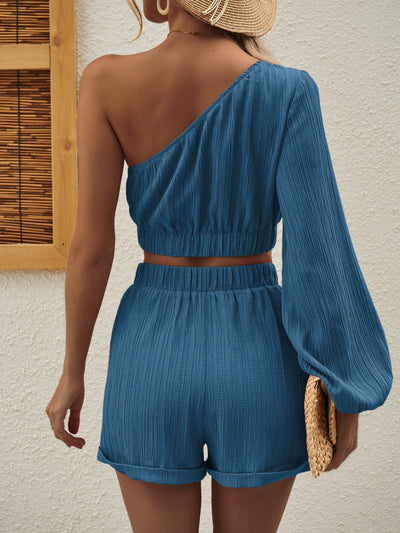 Stylish Asymmetrical Long Sleeve Top and Shorts Set for Women