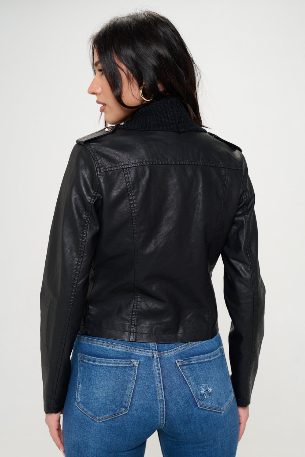 Knit-Collared Faux Leather Cropped Jacket