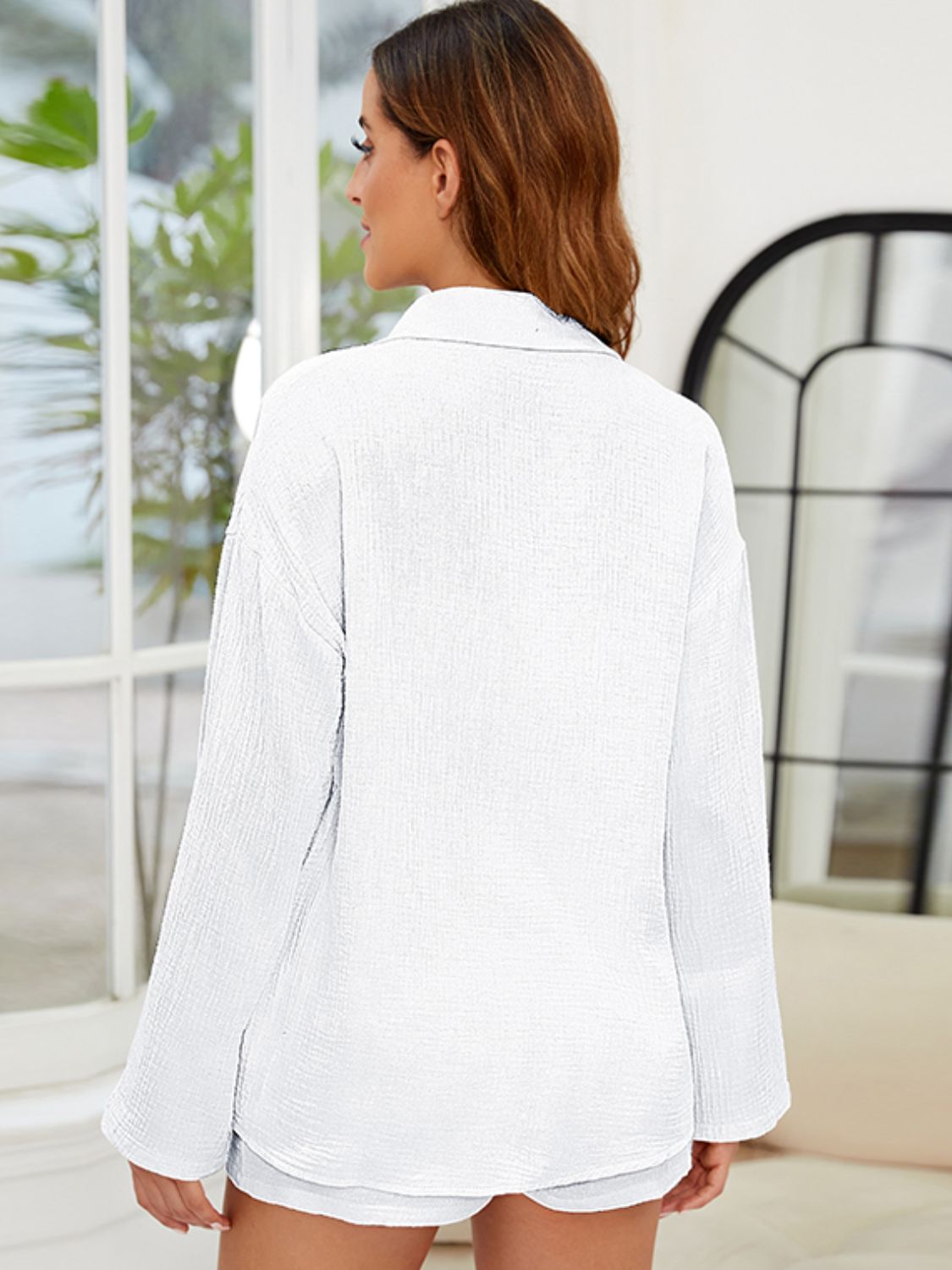 Trendy Button-Up Long Sleeve Top and Shorts Set for Women