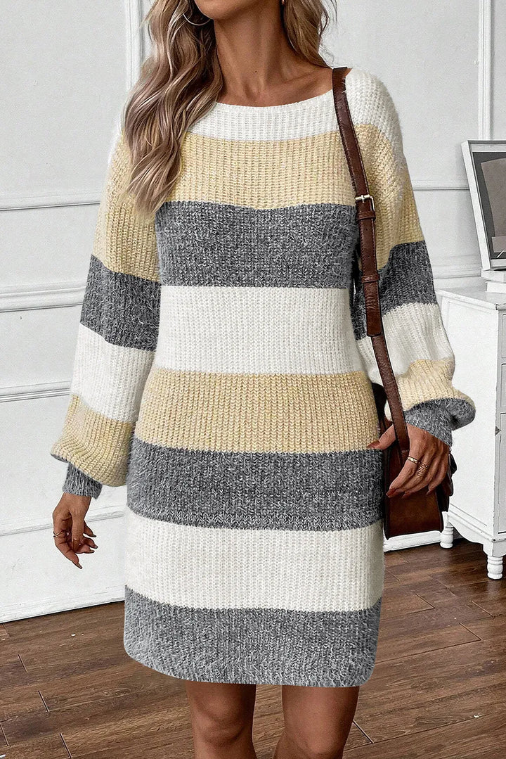 Chic Color Block Boat Neck Sweater Dress with Long Sleeves