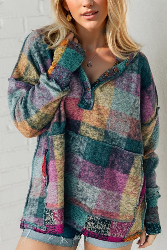 Double Take Full Size Half Button Thumbhole Hoodie Fashion