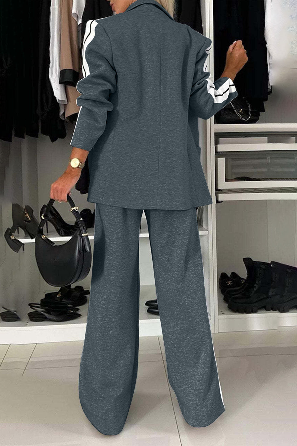 Full Size Contrast Lapel Collar Top and Pants Set for Women