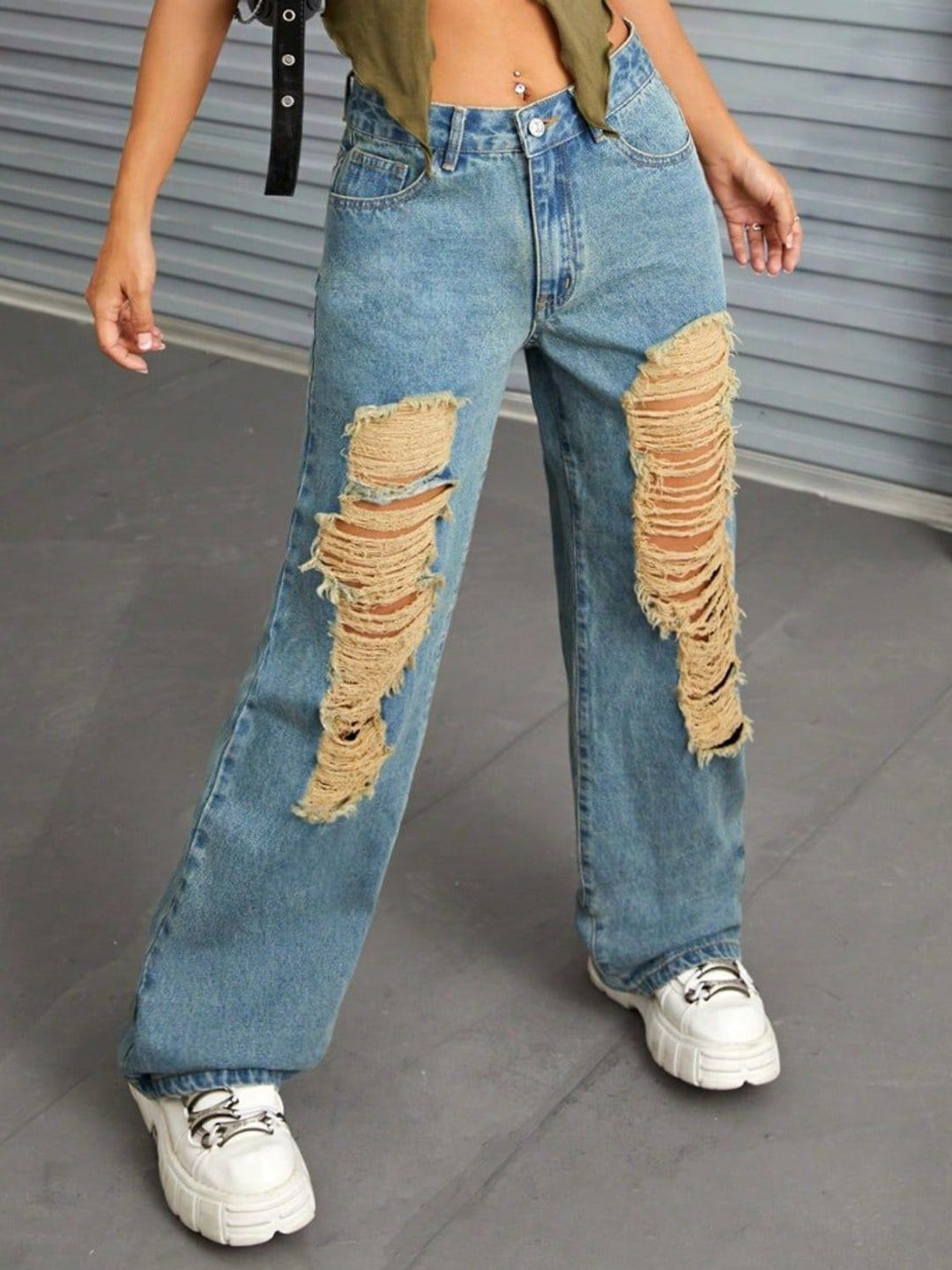 Chic Distressed Wide Leg Denim Trousers with Pockets