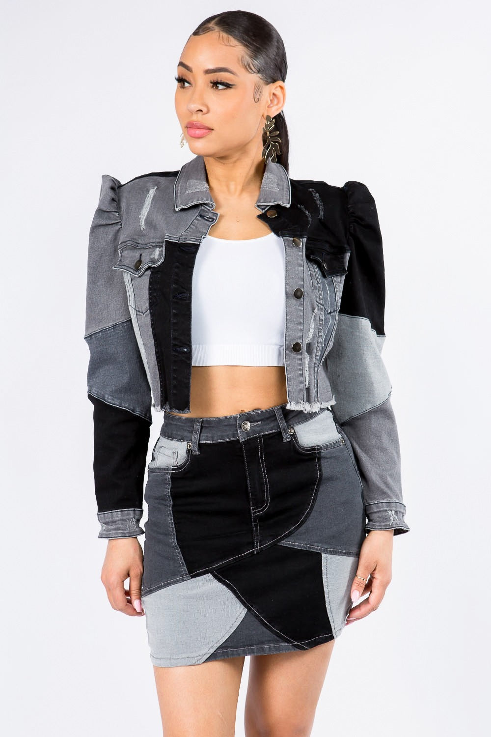 Cropped Denim Jacket with Unique Patchwork and Statement Puff Shoulders