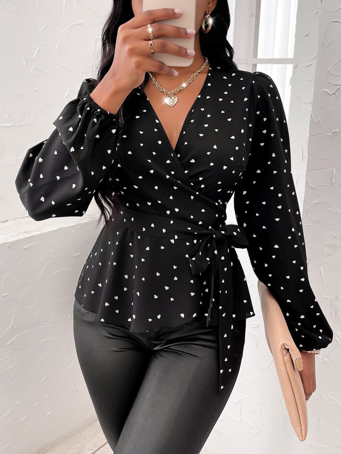 Heart Print Surplice Balloon Sleeve Blouse for Women