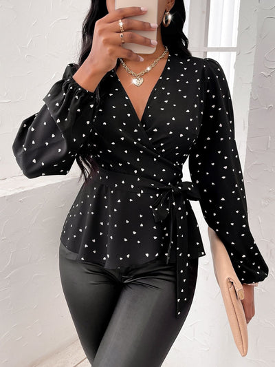 Heart Print Surplice Balloon Sleeve Blouse for Women