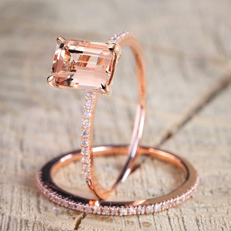2Pcs Ring/Set Rose Gold Filled White Crystal Zircon Wedding Engagement Ring Size 6-10