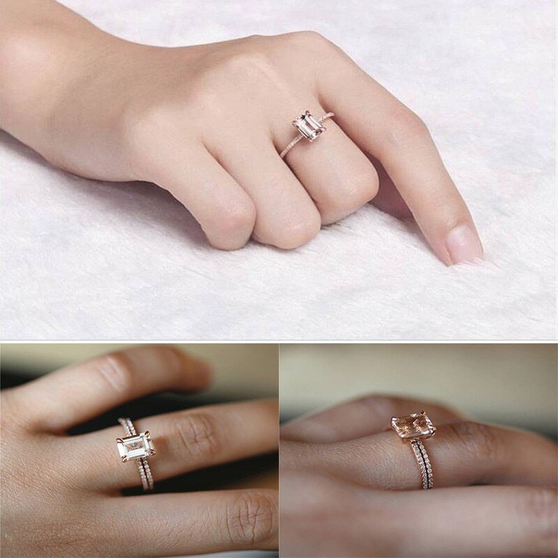 2Pcs Ring/Set Rose Gold Filled White Crystal Zircon Wedding Engagement Ring Size 6-10