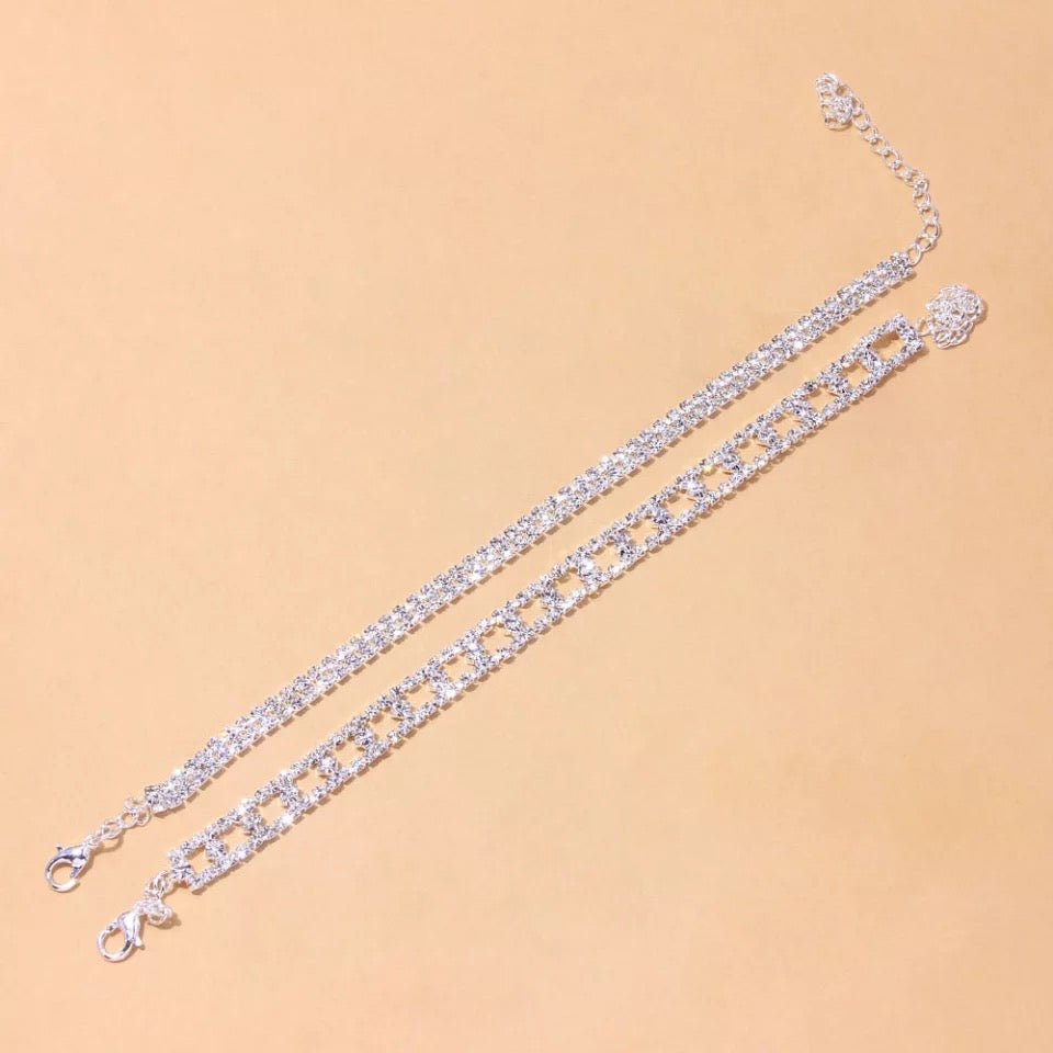 Two Piece Handmade Tennis Anklets Set With Rhinestones For Elegant Sparkle Everyday Wear