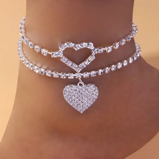 Two Piece Set Rhinestone Heart Anklets For Feet Foot Bracelet Jewelry Glamour Accessory