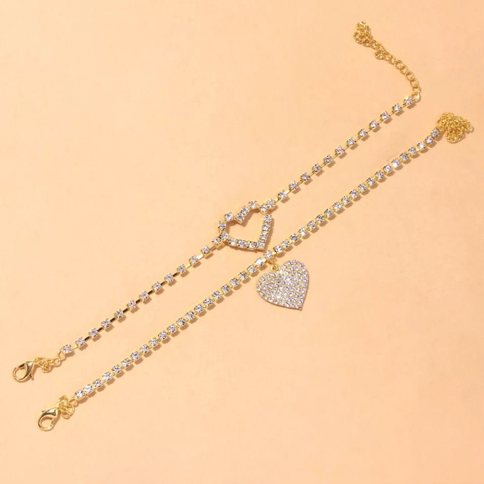 Two Piece Set Rhinestone Heart Anklets For Feet Foot Bracelet Jewelry Glamour Accessory