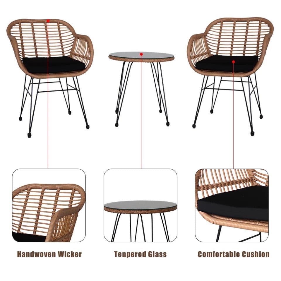 3 Pcs Wicker Rattan Patio Conversation Set With Tempered Glass Table - Ruth Envision