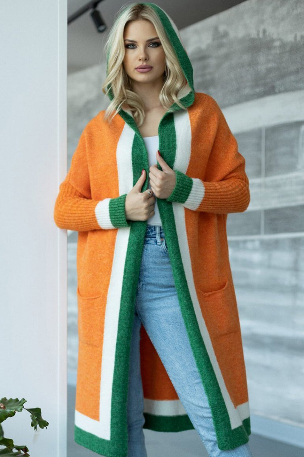 Pocketed Contrast Long Sleeve Hooded Cardigan for Women