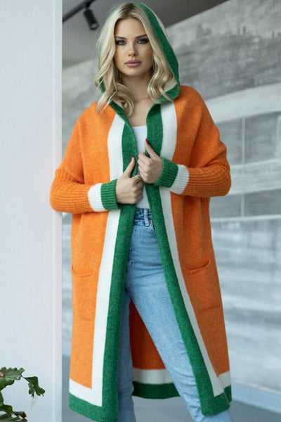 Pocketed Contrast Long Sleeve Hooded Cardigan for Women