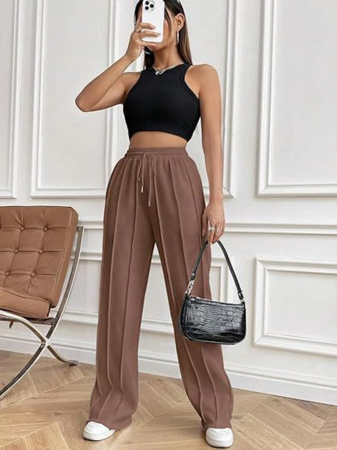 Casual Chic Wide Leg Drawstring Trousers with Pockets