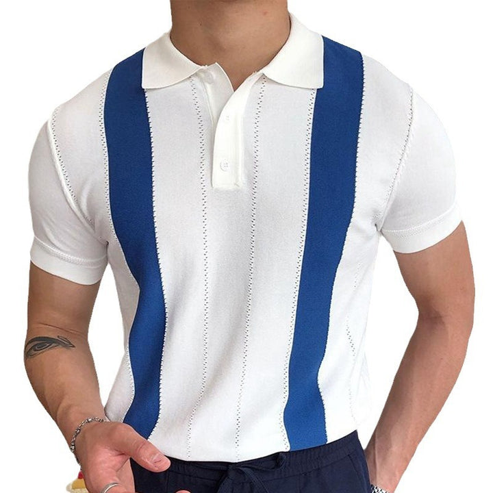 Chic Short Sleeve Ice Cool Silk Polo Sweater with Striped Accents - Ideal for Father's Day Celebrations