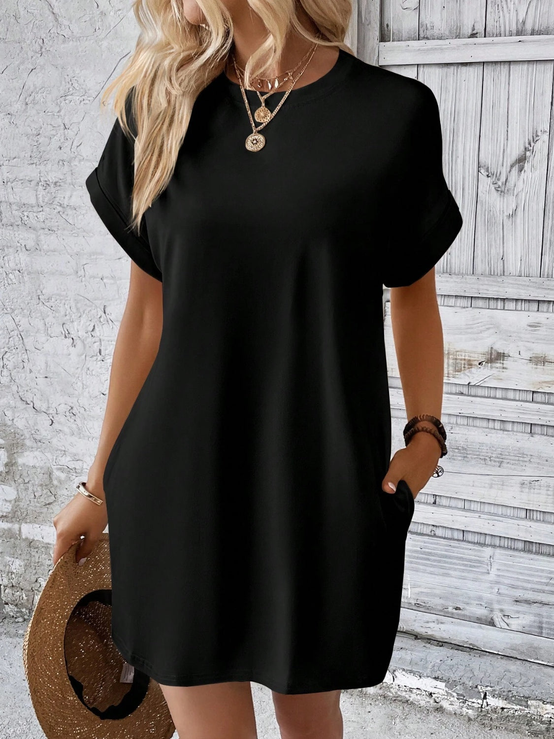 Effortless Elegance Short Sleeve Round Neck Mini Dress for All Occasions