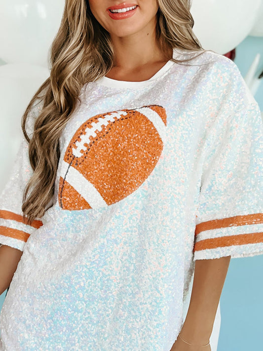 Sparkling Sequin Football Oversized Half Sleeve Tee Style