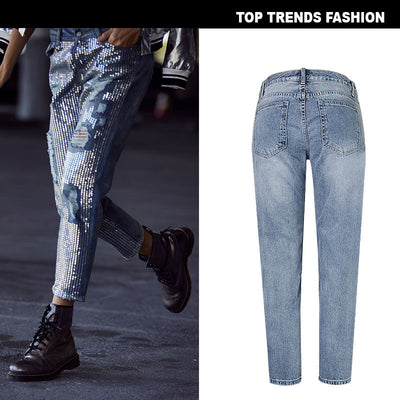 Women's Light Wash Distressed Metallic Embroidered Jeans