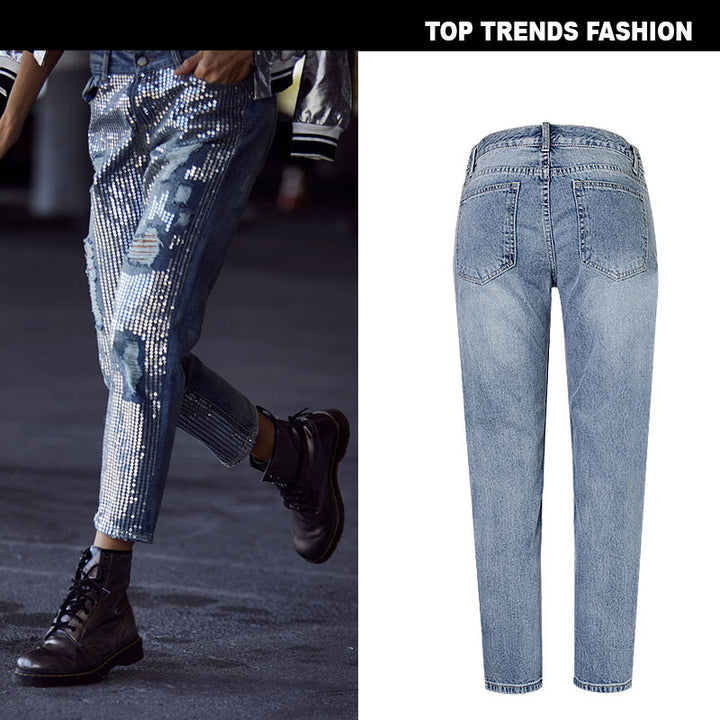 Women's Light Wash Distressed Metallic Embroidered Straight Leg Denim Jeans with Ripped Details