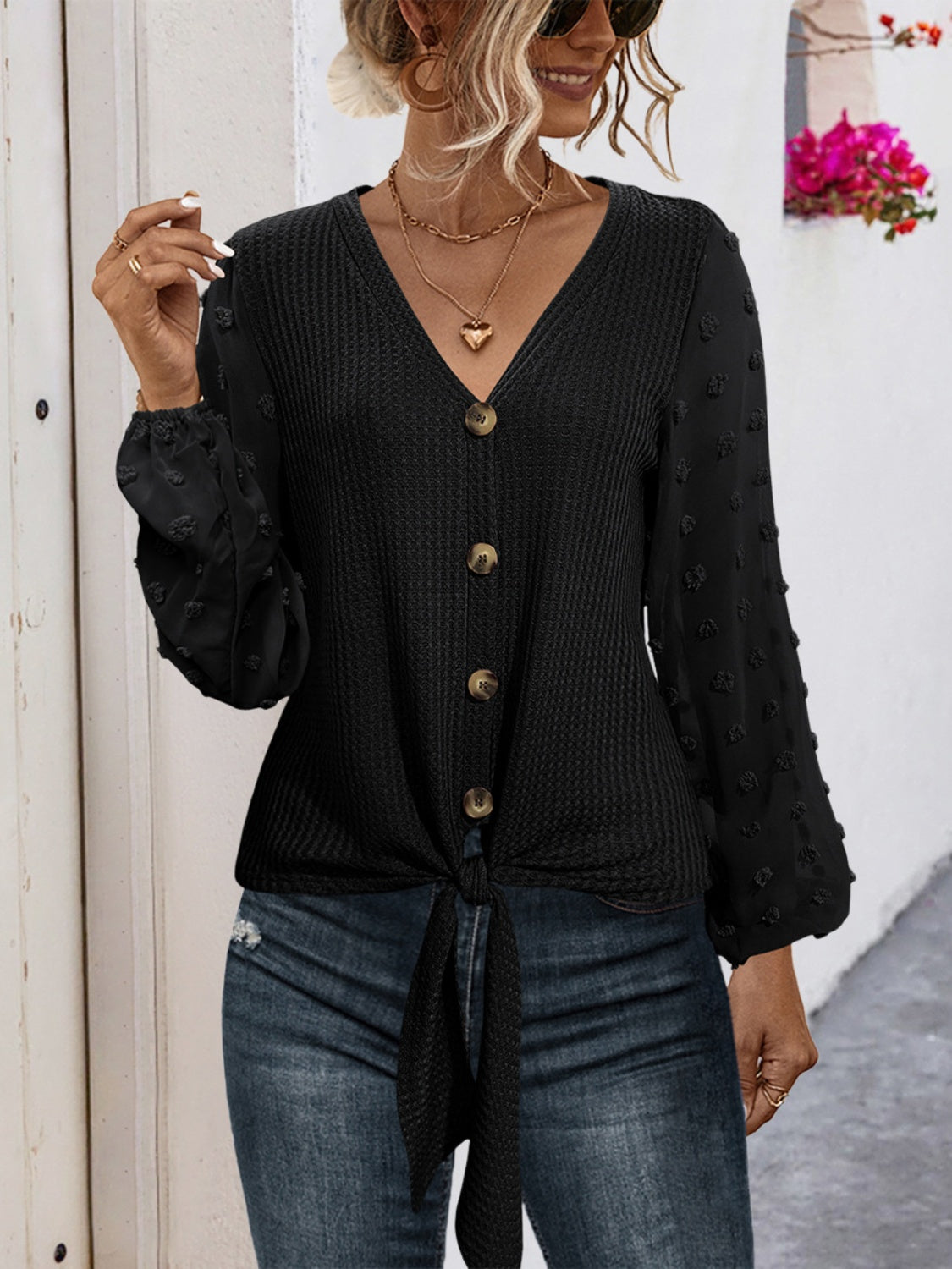 Chic Tied Swiss Dot V-Neck Blouse with Long Sleeves Style