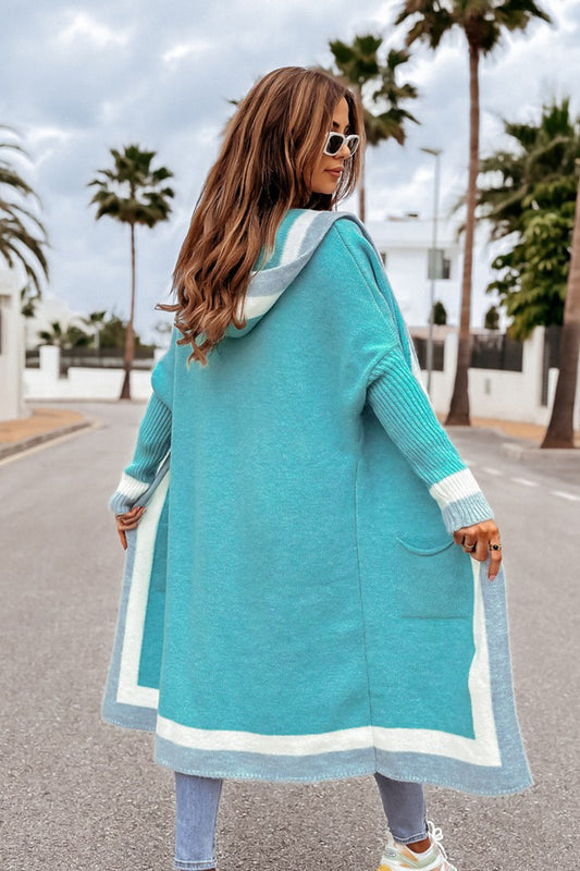 Pocketed Contrast Long Sleeve Hooded Cardigan for Women