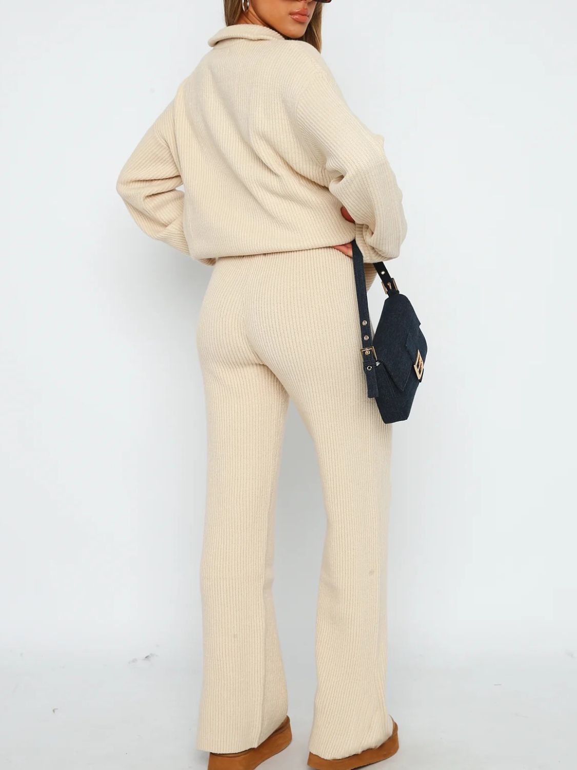 Chic Ribbed Quarter Zip Lounge Set with Long Sleeve Top