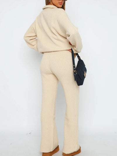 Chic Ribbed Quarter Zip Lounge Set with Long Sleeve Top