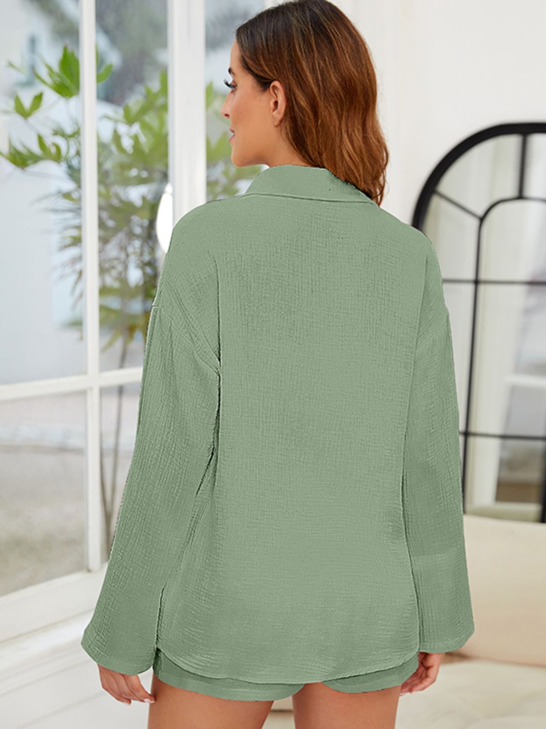 Trendy Button-Up Long Sleeve Top and Shorts Set for Women
