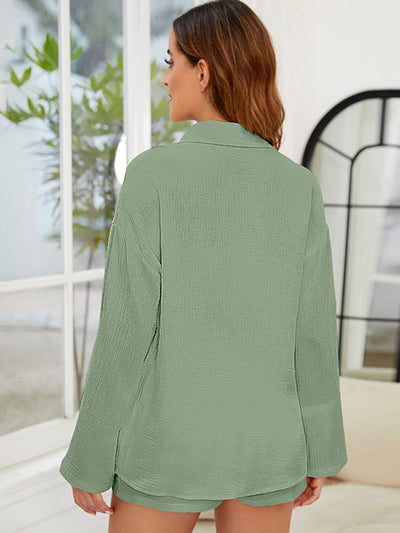 Trendy Button-Up Long Sleeve Top and Shorts Set for Women