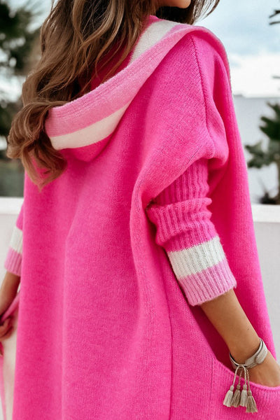 Pocketed Contrast Long Sleeve Hooded Cardigan for Women