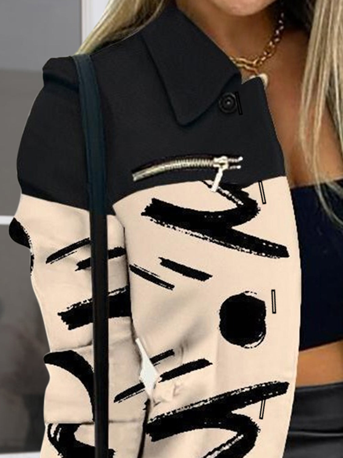 Chic Printed Button-Up Shacket with Zip Accents for Style